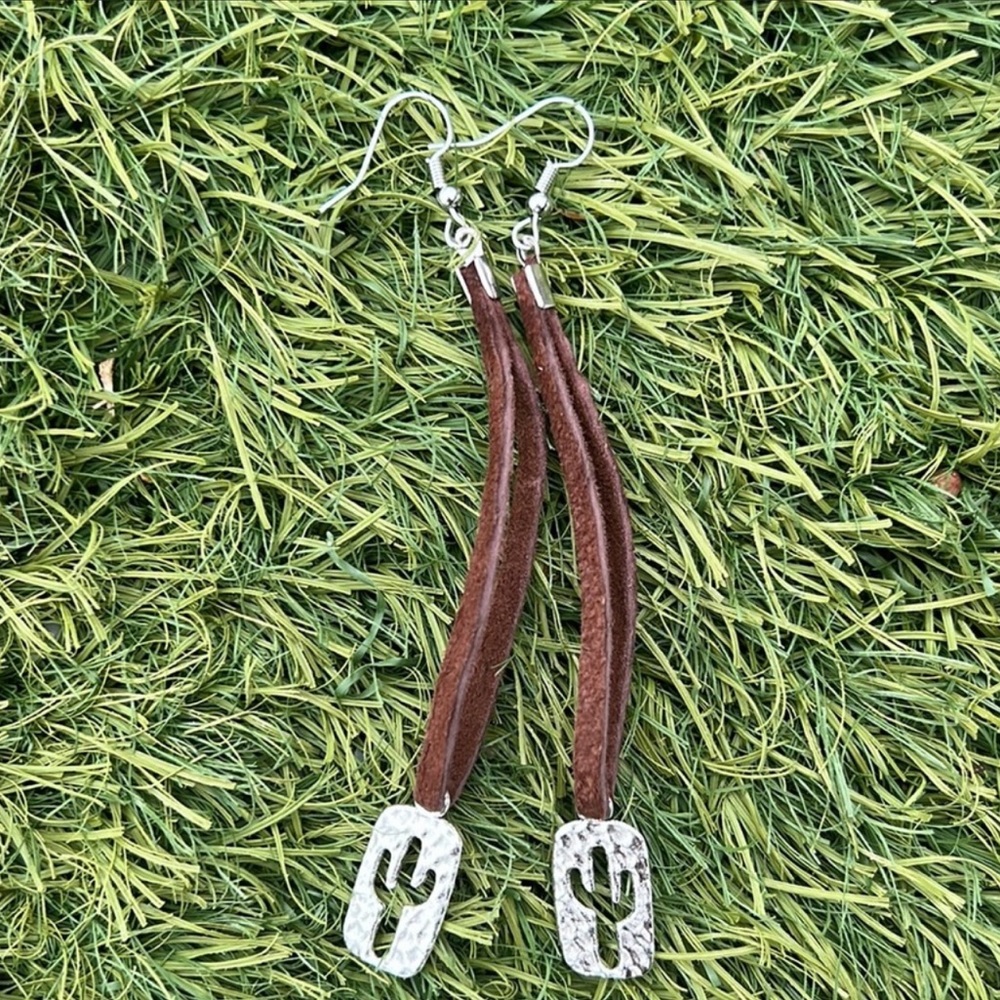 long cactus charm leather strap earrings